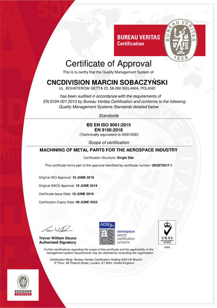 Obróbka CNC certyfikat